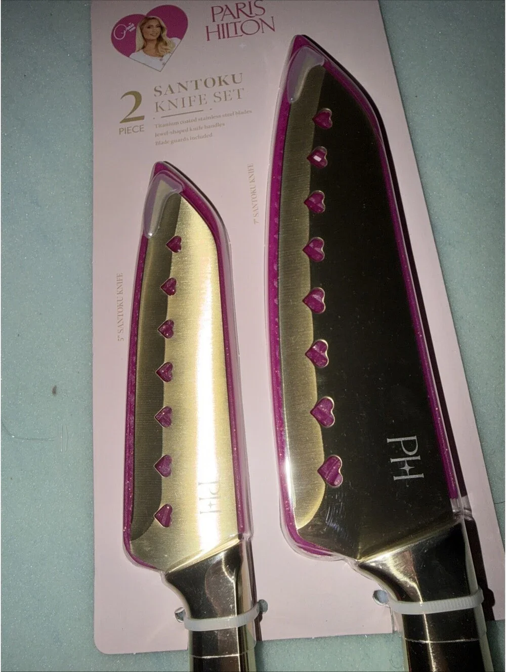 Paris Hilton Stainless Steel Knife Set- Jewel Handles & Gold Blades Heart Cutout